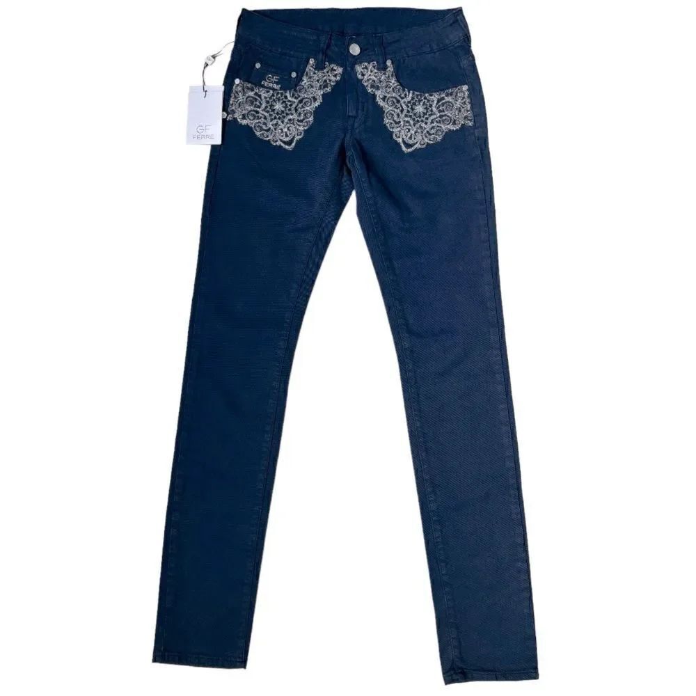GF Ferré Blue jeans Low Waist Skinny Leg Embroidery Silver Metallic Decor Sz25.